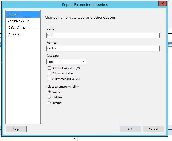 Microsoft Visual Studio Report Parameter Properties