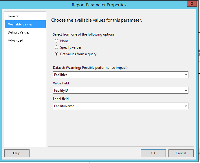 Microsoft Visual Studio Reporting Parameter Available Values