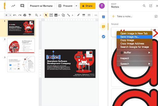 Save image as in google slides to export to third party