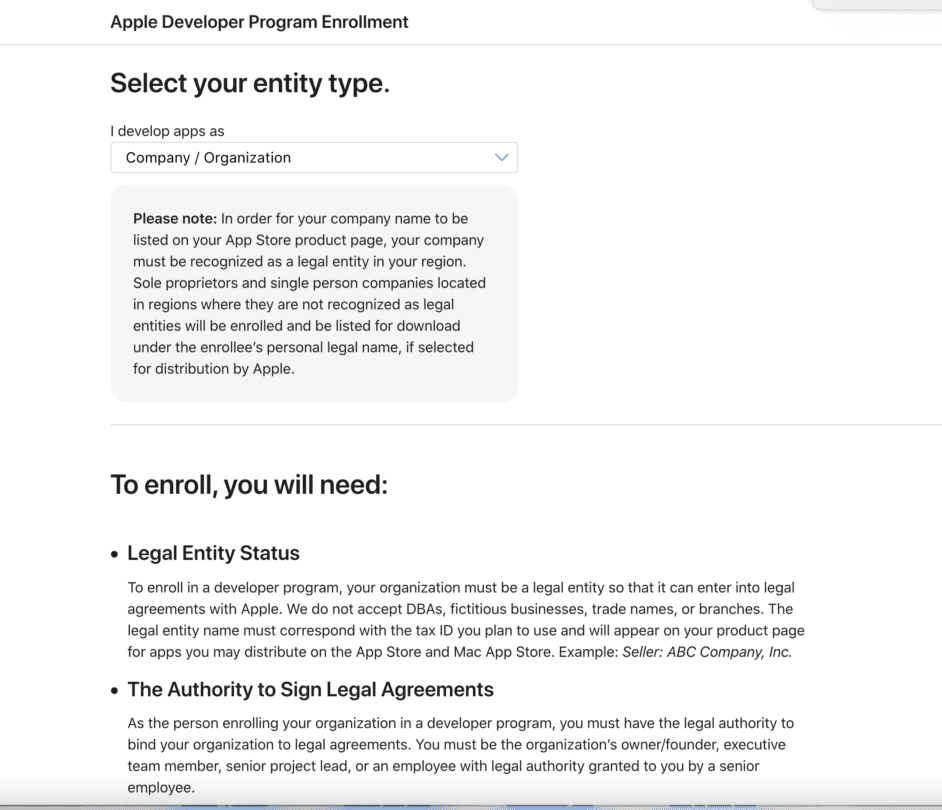 AllCode Apple Developer Program Enroll Entity Type