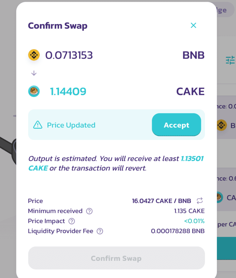 Confirm Swap button to finalize your purchase