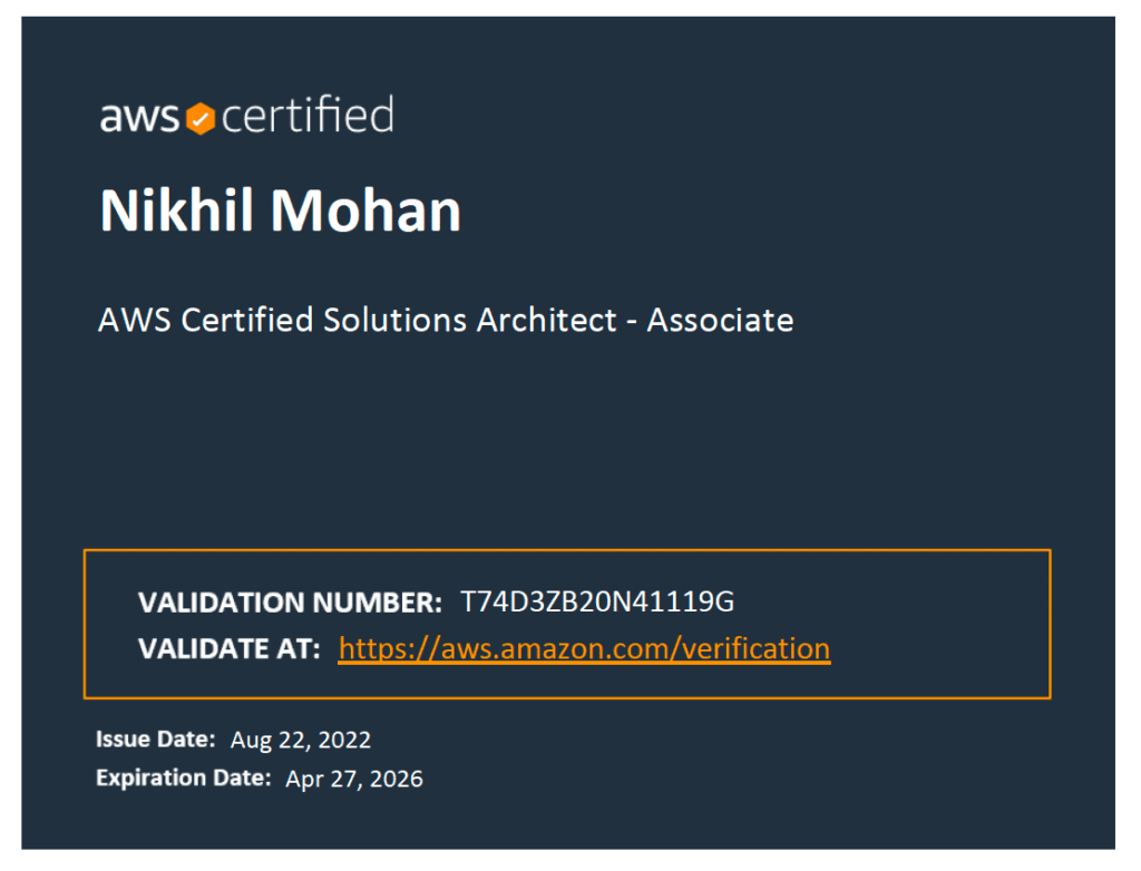 Nikhil Mohan AWS Certified Solutions Architect Associate