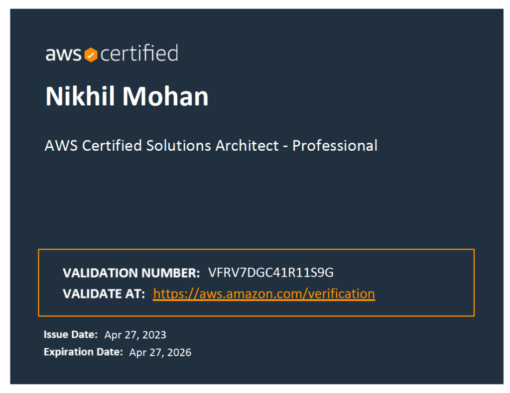 Nikhil Mohan AWS Certified Solutions Architect Professional