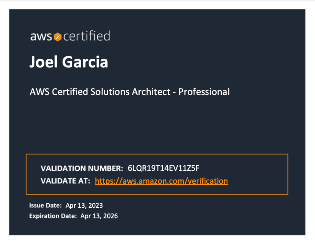 Joel Garcia AWS Certified Solutions Architect - Professional certificate