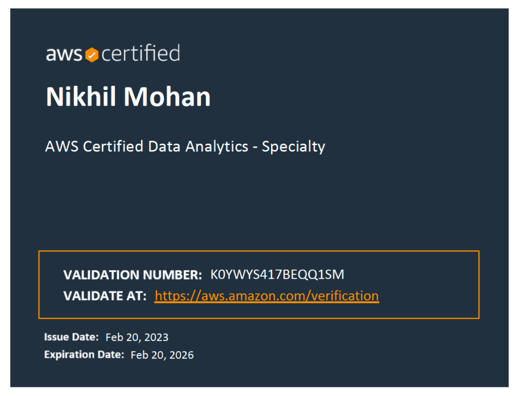AWS Certified Data Analytics Specialist - Nikhil Mohan